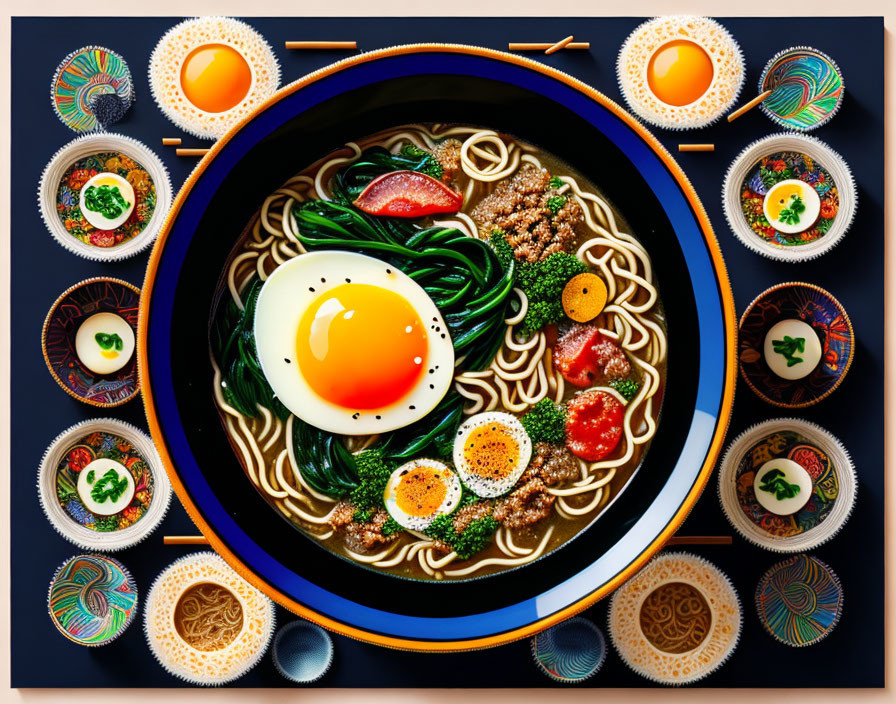 Colorful Ramen Bowl with Egg, Greens, Tomatoes, and Seasonings