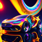 Iridescent futuristic car with flaming wheels on shiny surface under surreal sky