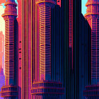 Futuristic cityscape with sleek skyscrapers in pink and blue gradient