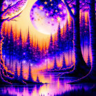 Purple fantasy forest with tall trees under starry sky and luminous moon reflecting in lake