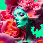 Teal-skinned female figure in surreal pink clouds and red flowers