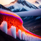 Surreal landscape: orange and purple clouds over snowy mountains