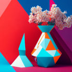 Abstract Setup with Geometric Vase & White Flowers on Colorful Background