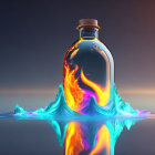 Glass bottle with cork stopper in blue flames on reflective surface