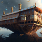 Intricately designed floating palace on colossal tree with spires and golden leaves