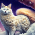 Surreal image of two cats merged in clouds on purple sky