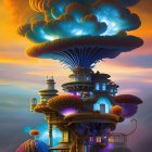 Fantastical mushroom-like structure with intricate buildings at sunset