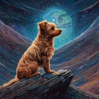 Fluffy Brown Dog on Cosmic Landscape with Galaxies