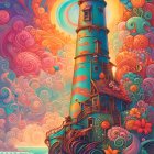 Colorful Pagoda Surrounded by Psychedelic Patterns and Whimsical Flora