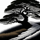 Surreal black and white tree with cloud-like leaves on striped landscape