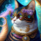 Detailed Whimsical Cat Illustration with Glasses and Cosmic Background