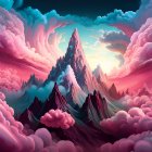 Pink-tinted peaks in surreal landscape under cotton-candy sky