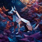 Geometric Purple Crystal Wolf Artwork in Dark Setting