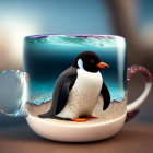 Whimsical penguin in cup with confetti and surreal liquid scene