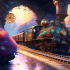 Steampunk train in surreal landscape with pink foliage