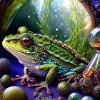 Colorful Frog Surrounded by Glass Orbs and Whimsical Foliage