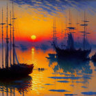 Sailing ships on tranquil sea at sunset with orange and blue hues