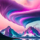 Surreal landscape with vibrant pink and blue clouds, mirror-like waters, and neon-lit mountains