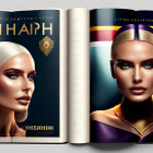 Illustrated portraits of a woman with stylized makeup and elegant jewelry on a glossy magazine spread.