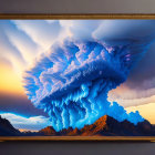 Surreal cloud wave painting in gilded frame with sky and mountain backdrop