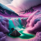 Vibrant surreal landscape with pink clouds, turquoise ocean, and dark peaks