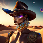 Stylized woman in cowboy hat with luminous makeup in desert scene