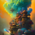 Colorful fantasy illustration of towering structure with trees under vibrant sky