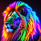 Colorful lion with rainbow mane on dark background