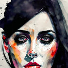 Colorful Watercolor Portrait of Woman with Bold Black and Red Hues