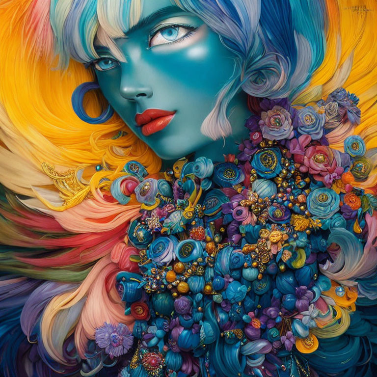 Colorful Artwork: Female Figure with Blue Skin and Flowing Hair