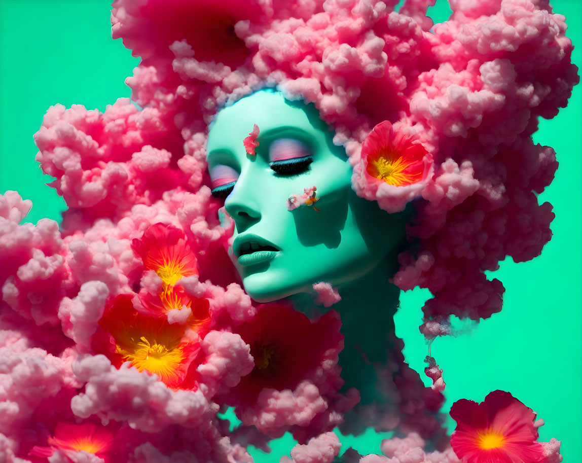 Teal-skinned female figure in surreal pink clouds and red flowers