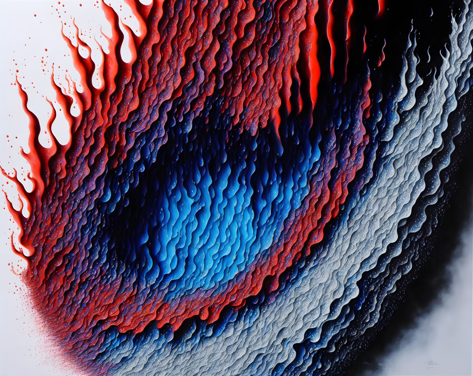 Vibrant red to blue abstract digital art with wavy texture and splattered droplets