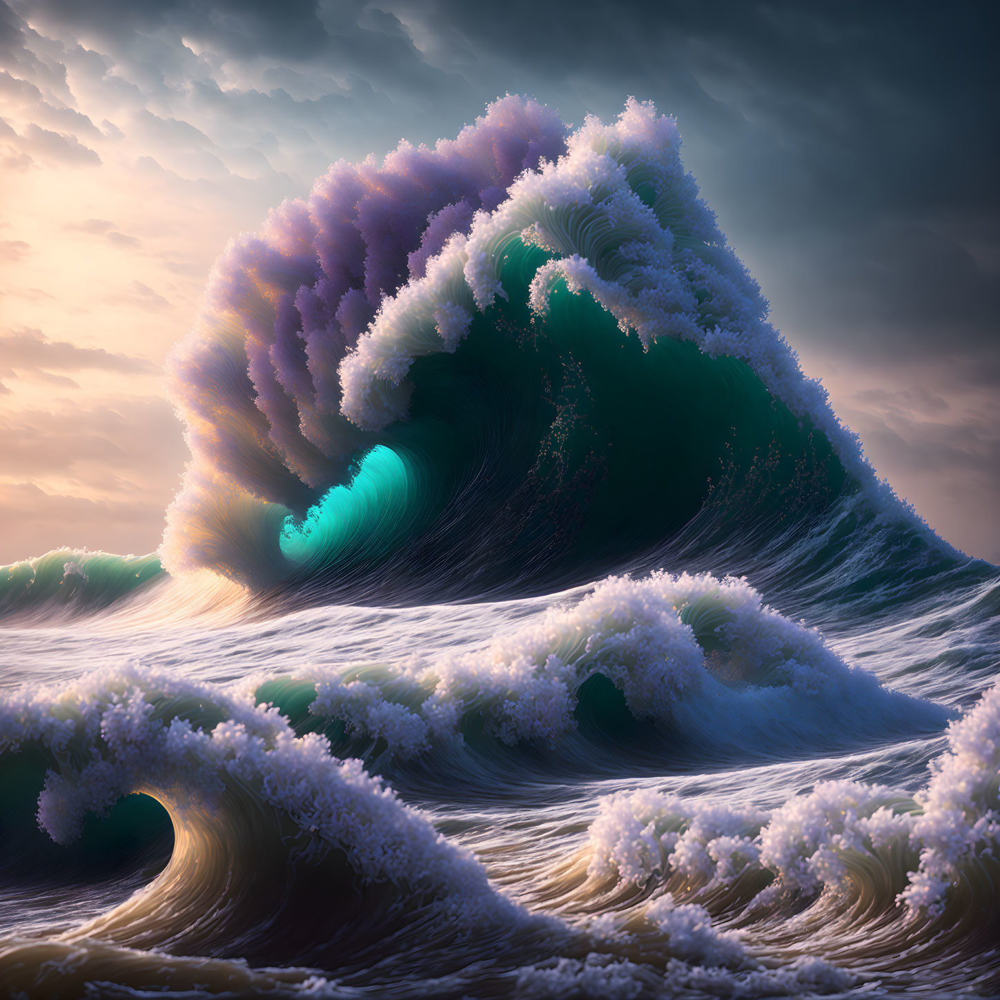 Digital artwork: Giant ocean wave with foam patterns under dramatic sky