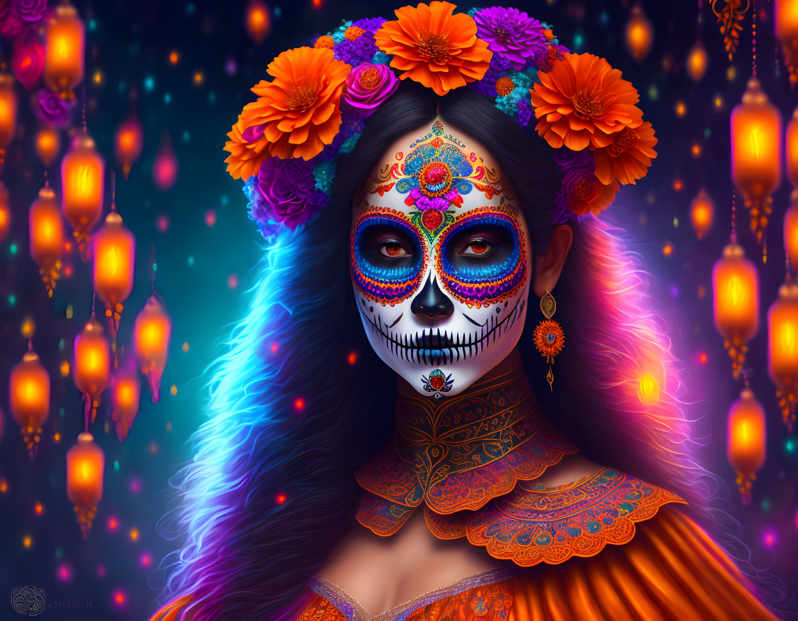 Person with Day of the Dead makeup and floral crown in lantern-lit setting