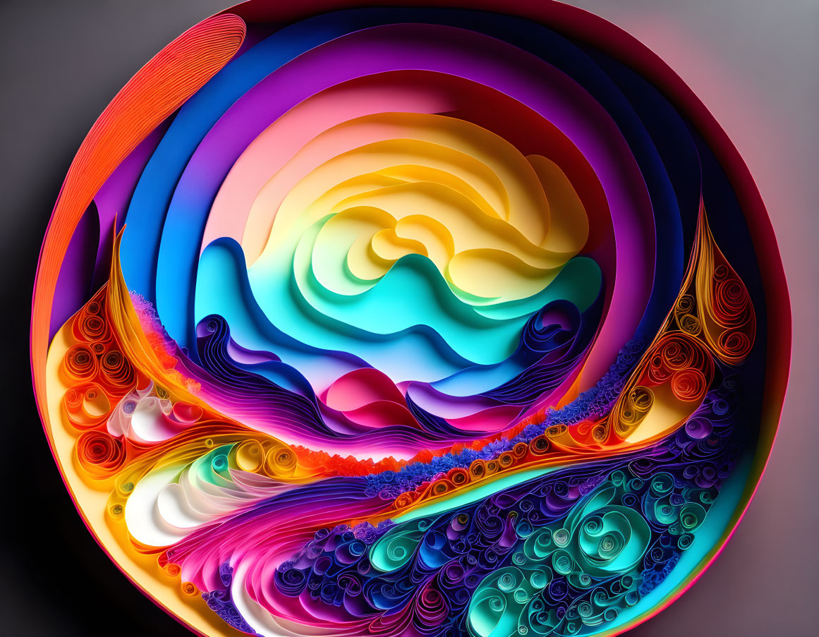 Abstract Circular Paper Art with Rainbow Hues and Swirling Patterns