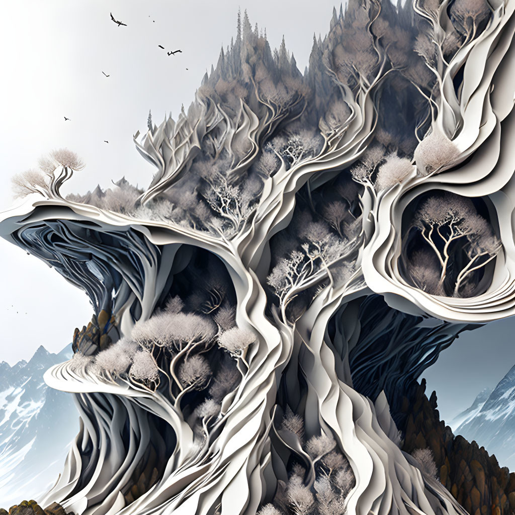 Surreal landscape with wave-like rock formations, trees, birds, misty mountains, clear sky