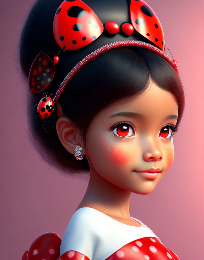 Young girl digital illustration in red and white polka-dot dress with ladybug motifs