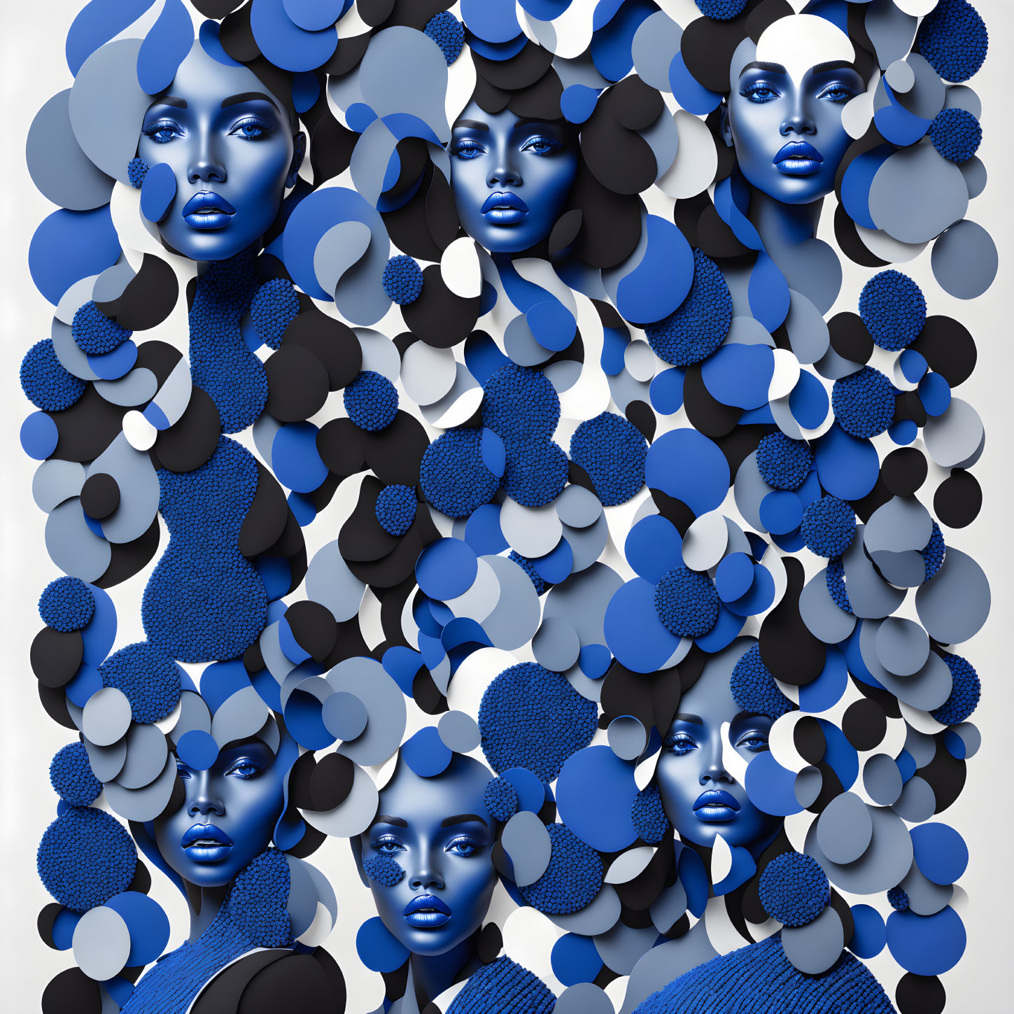 Surreal blue-toned faces in circle pattern