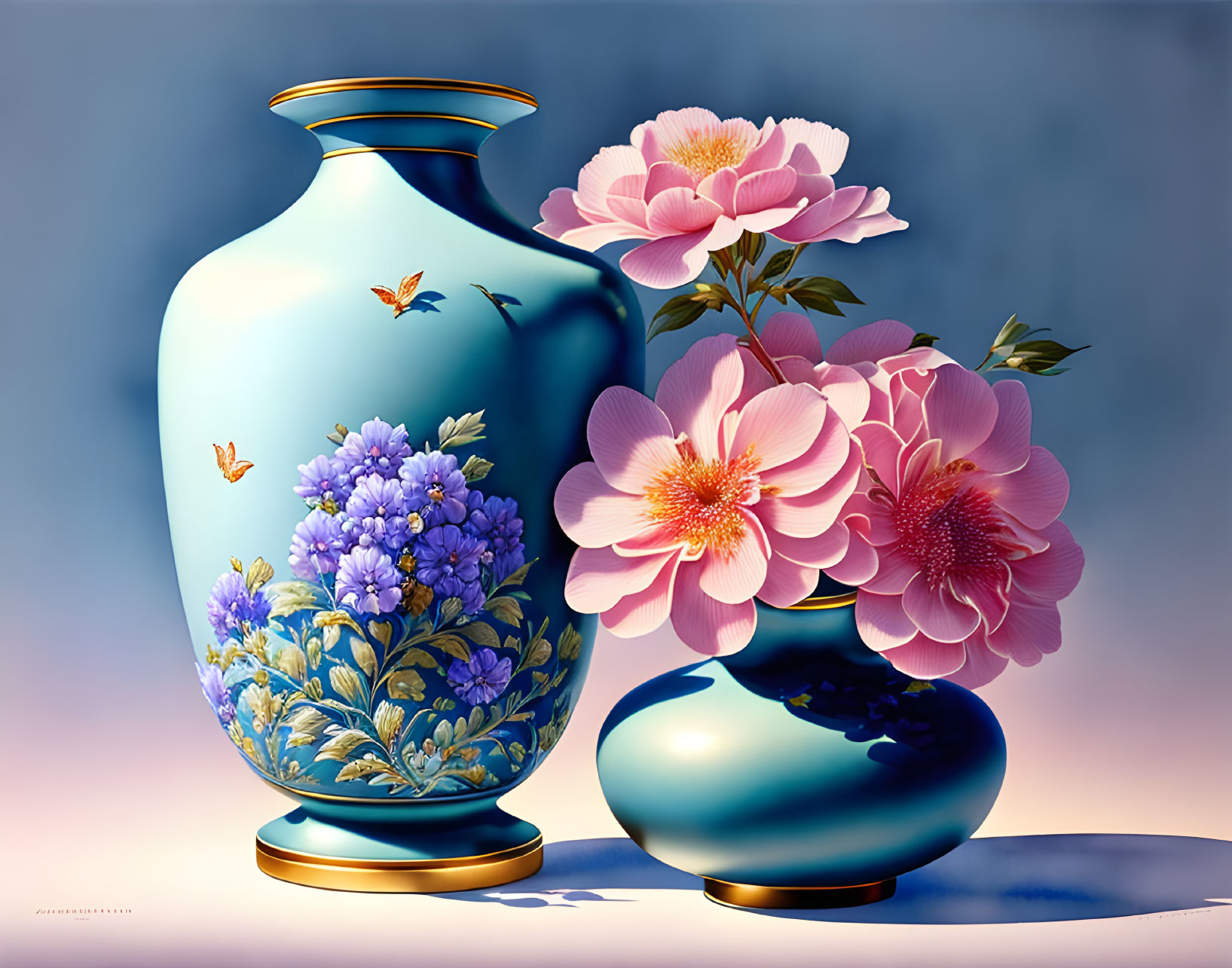 Colorful artwork: Blue vase with gold trim, flowers, butterflies, and bowl.