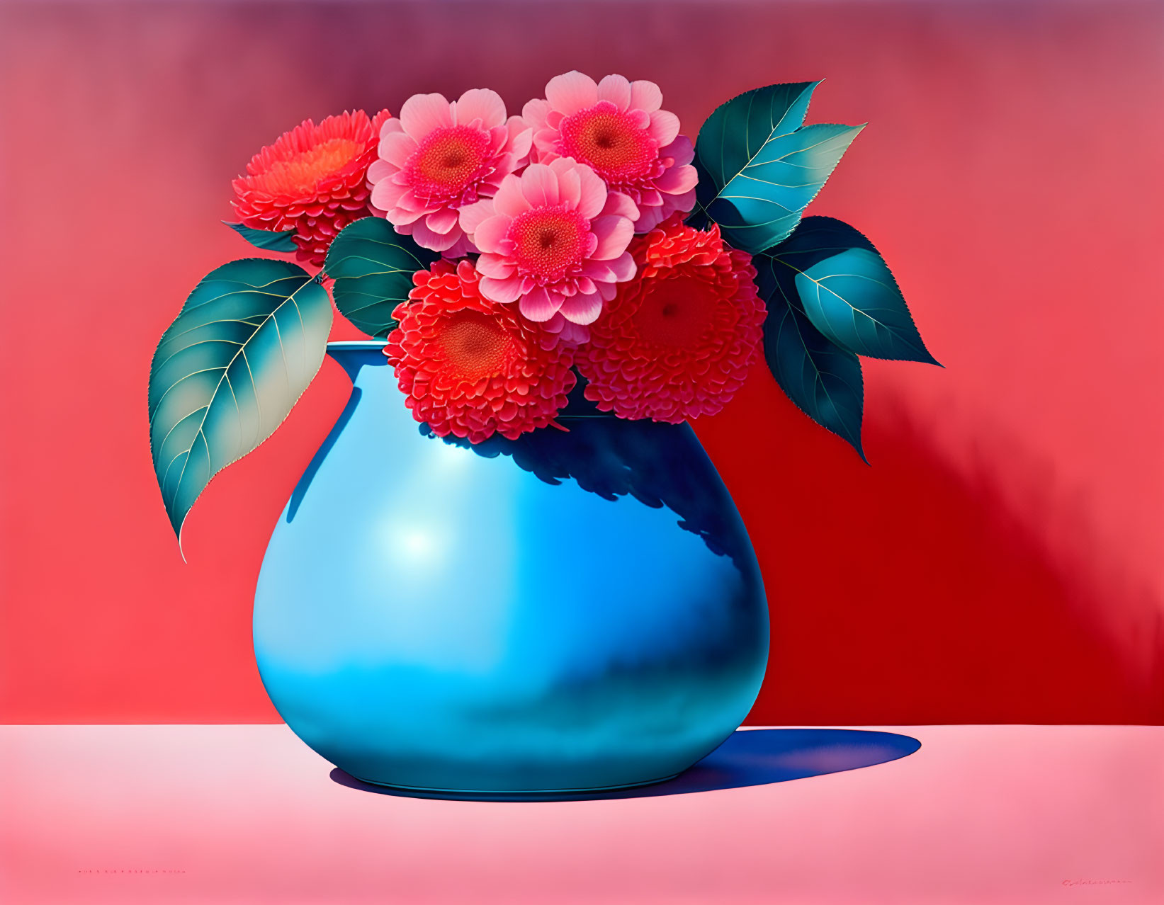 Colorful Pink and Red Flowers in Blue Vase on Red Background