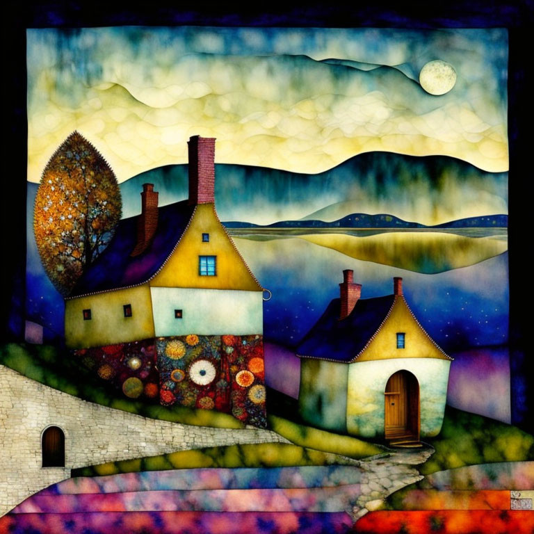 Colorful Houses Painting with Mosaic Landscape & Moonlit Sky