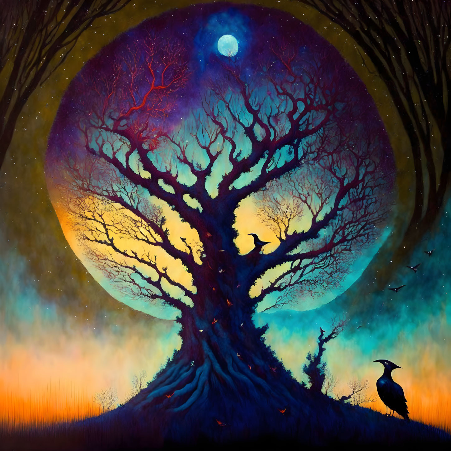 Majestic tree painting with crow and moon in twilight sky