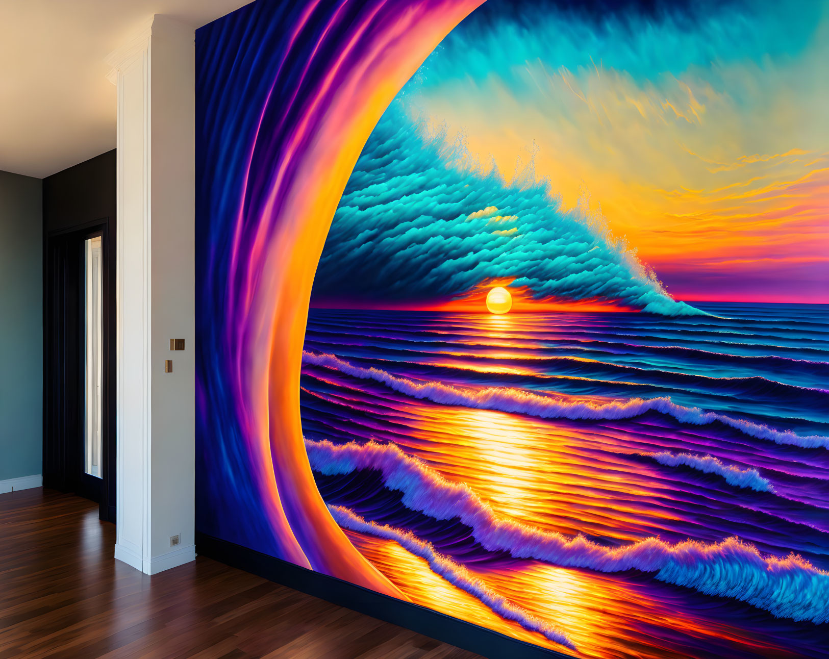 Surreal ocean wave mural in vivid blue and purple hues