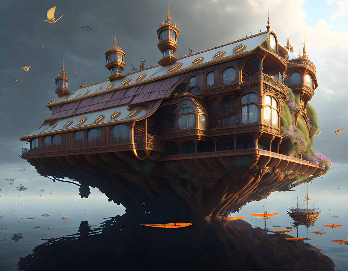 Intricately designed floating palace on colossal tree with spires and golden leaves