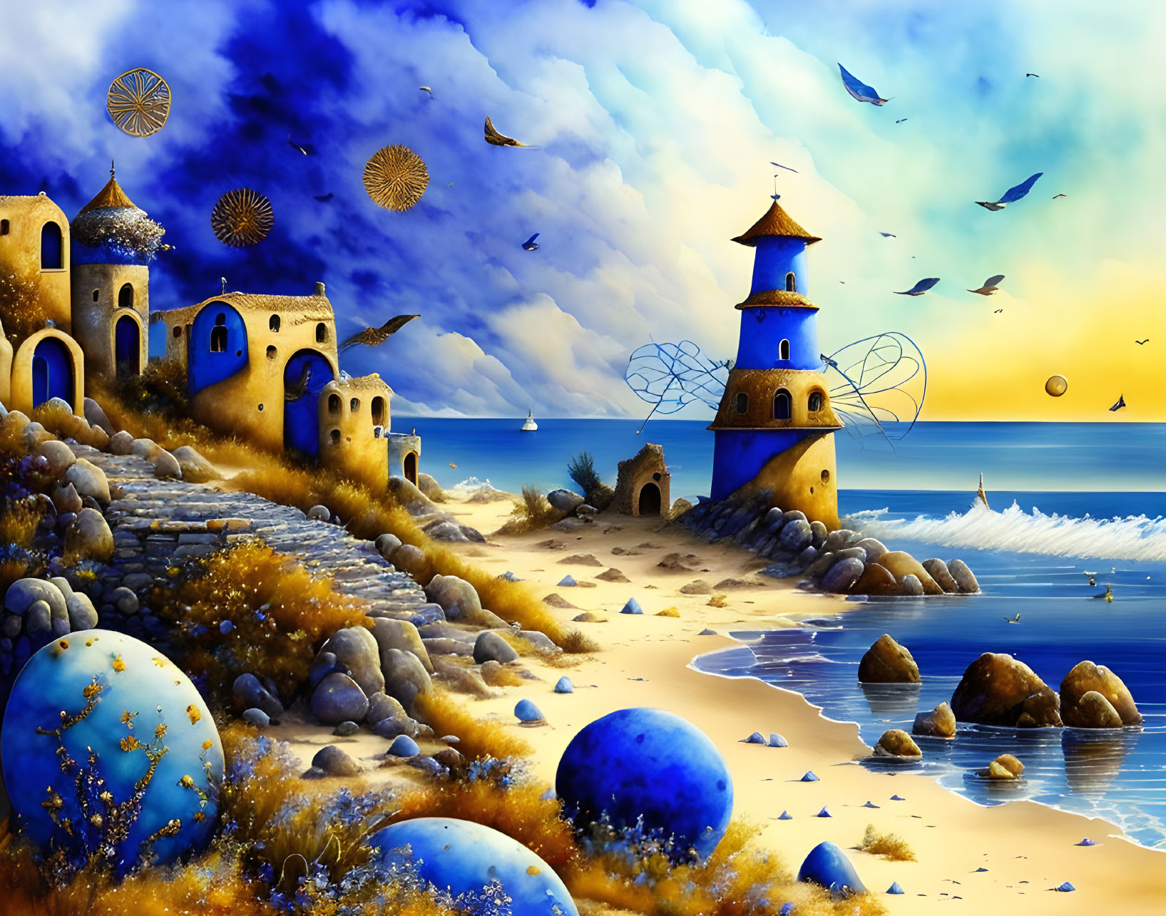 Whimsical seaside landscape with vibrant orbs and golden contraptions