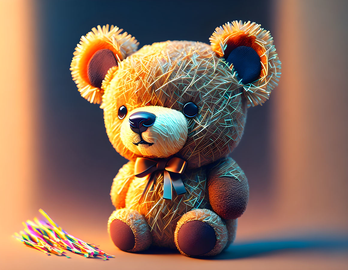 Fluffy Teddy Bear with Bow Tie and Colorful Sticks on Warm Backdrop