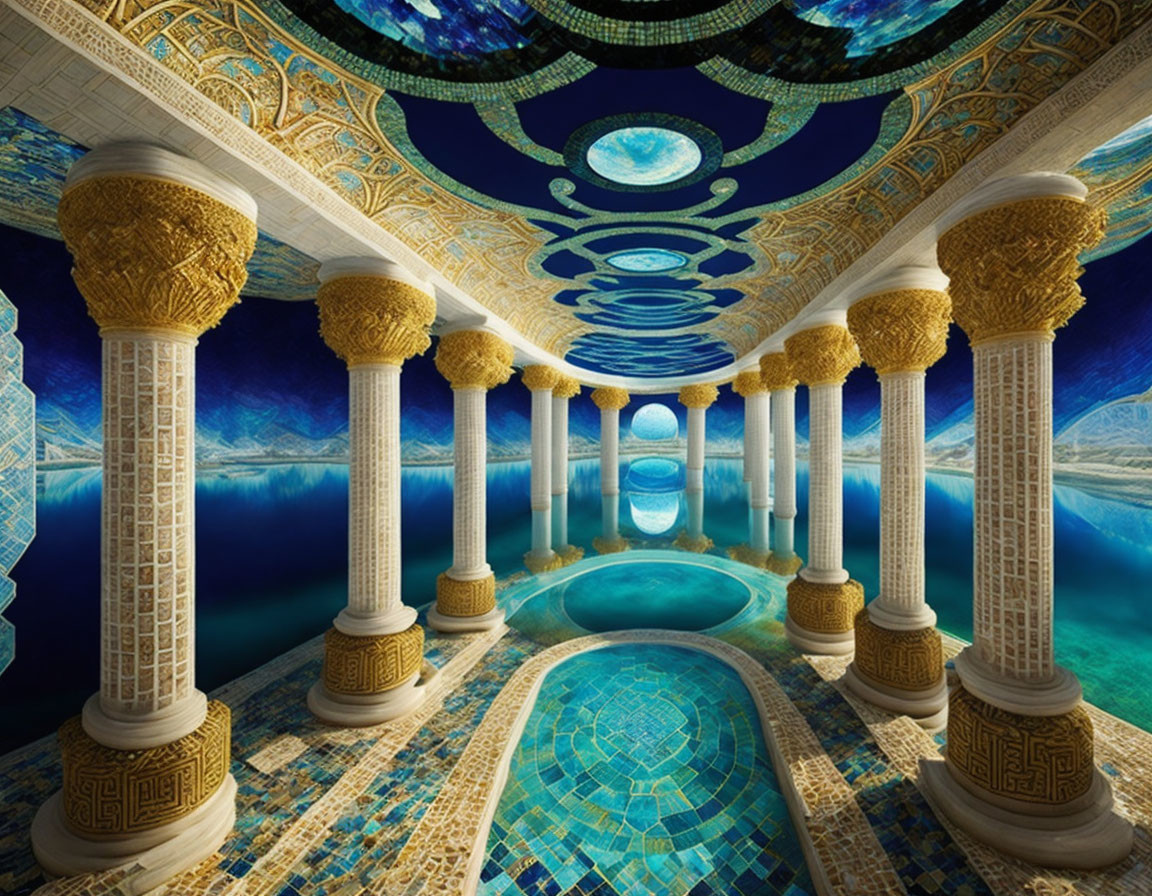 Luxurious Indoor Pool with Ornate Pillars and Mosaic-Tiled Floor