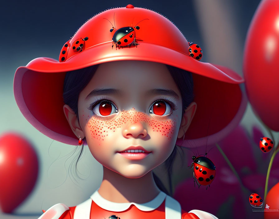 Colorful digital art: Young girl with expressive eyes in red ladybug hat, surrounded by ladybugs