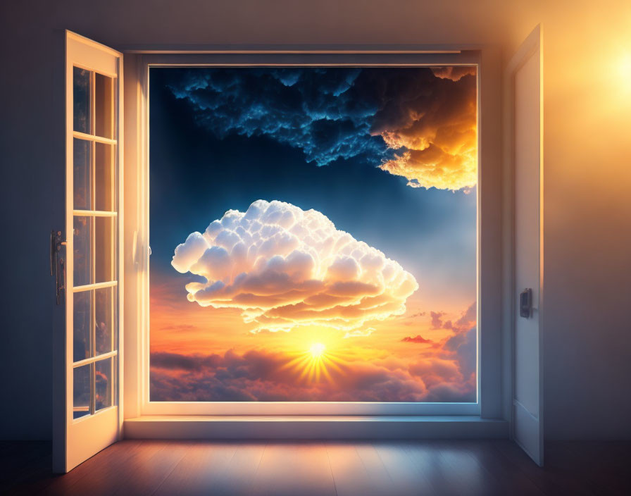 Open door frames dramatic sunset behind cumulus clouds.