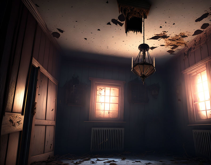 Abandoned room with chandelier and eerie shadows